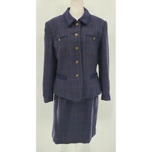 Kasper ASL Tweed Navy Skirt Suit Set 12 Petite‎ Wool Vtg Career Dark Academia